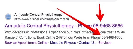 Search Result With A Phone Number In The Title Tag And Meta Description