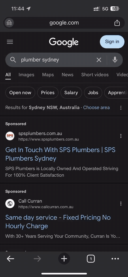 Mobile Google Search For Plumber Sydney Showing Ads Before Organic Results