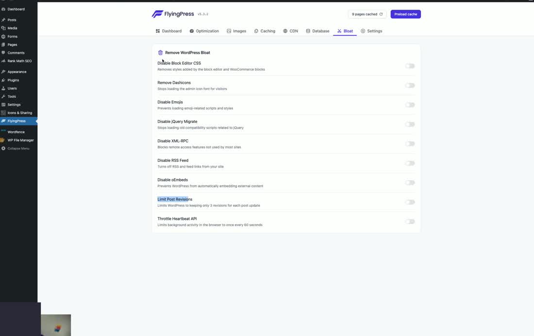 Flyingpress Bloat Tab Settings