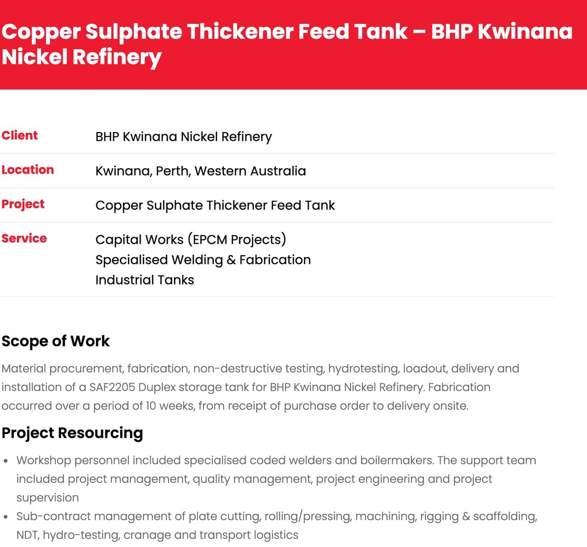Recent Work Page Example Showing Client, Location, Service And Scope Of Work For A Tank Fabrication Project