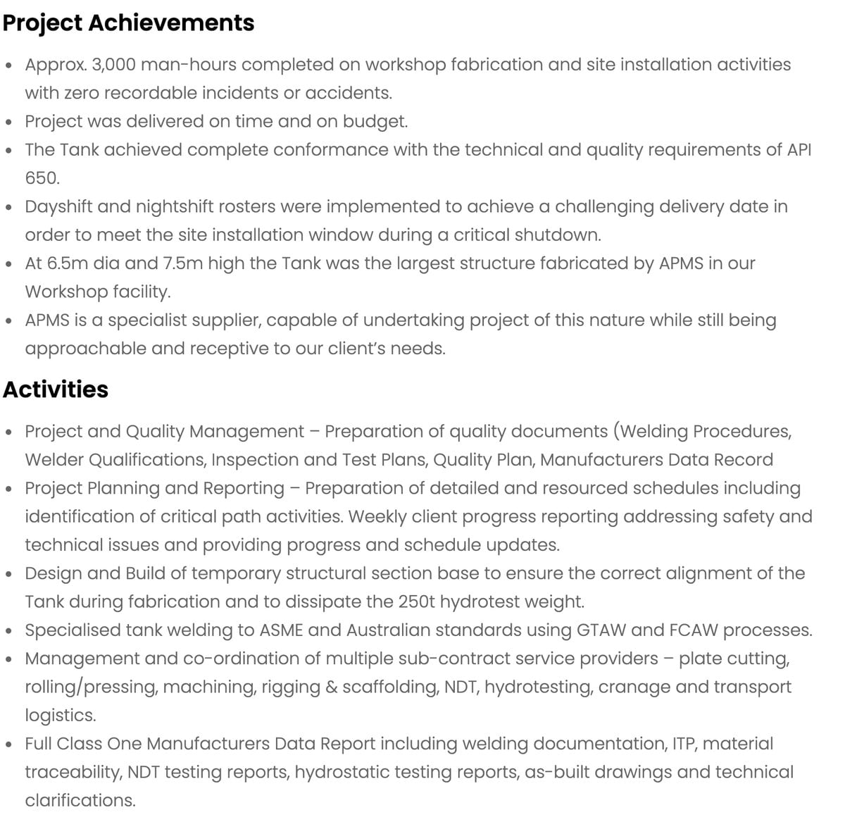 Project Page Bullet Points Listing Technical Activities, Welding Processes And Standards Met