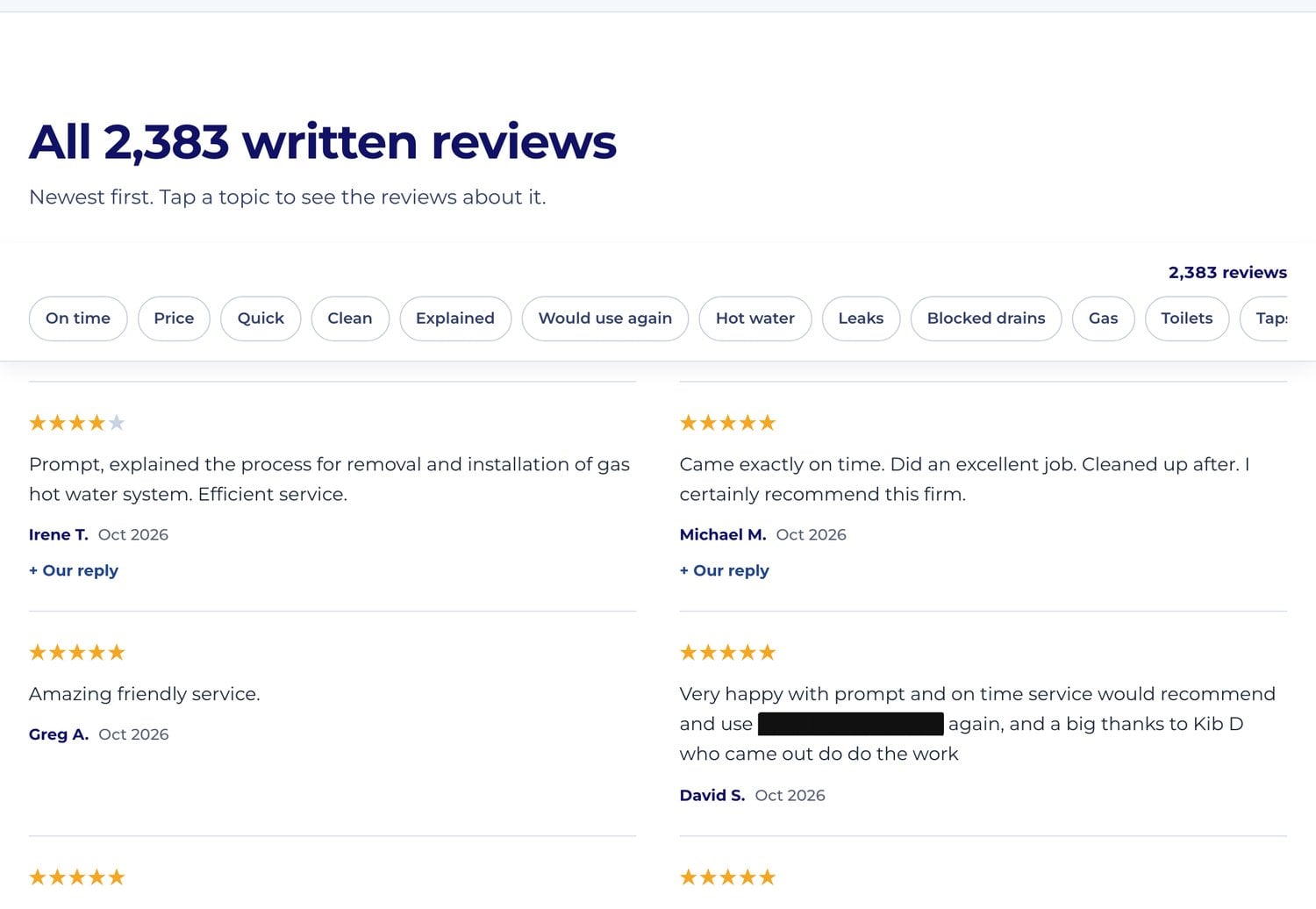 Reviews Page With Topic Filters For Each Service